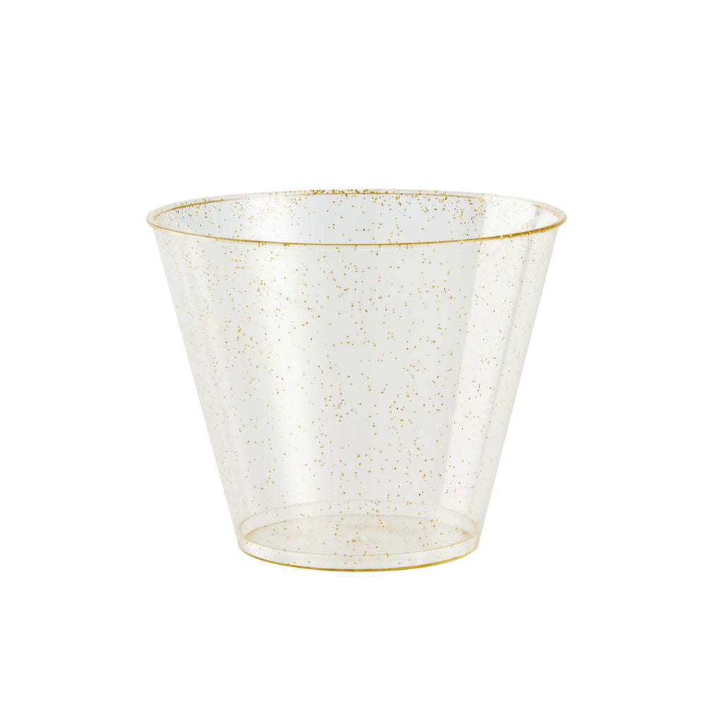 Chef 101 9 oz Gold Glitter Plastic Tumbler - 3 1/2" x 3 1/2" x 2 3/4" - 20 count box