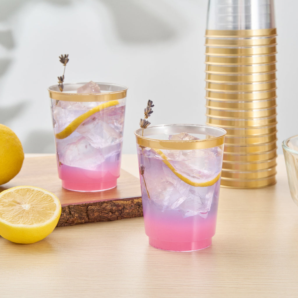Chef 101 10 oz Clear Plastic Tumbler - with Gold Rim - 3" x 3" x 3 3/4" - 20 count box