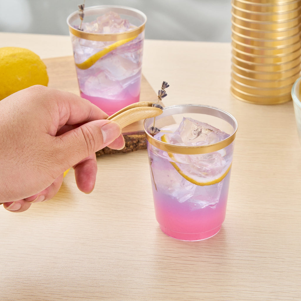 Chef 101 10 oz Clear Plastic Tumbler - with Gold Rim - 3" x 3" x 3 3/4" - 20 count box