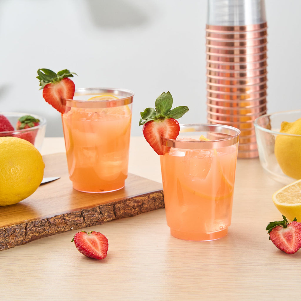 Chef 101 10 oz Clear Plastic Tumbler - with Rose Gold Rim - 3" x 3" x 3 3/4" - 20 count box