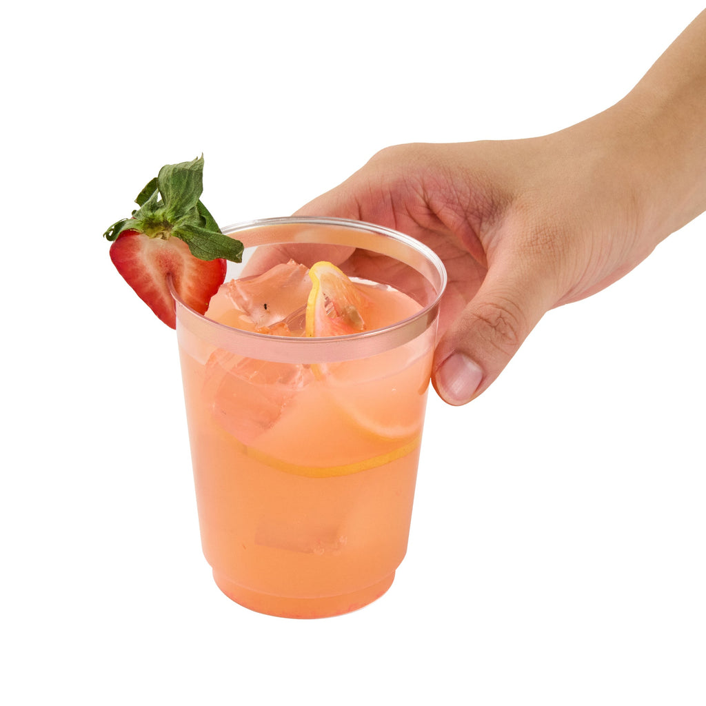 Chef 101 10 oz Clear Plastic Tumbler - with Rose Gold Rim - 3" x 3" x 3 3/4" - 20 count box