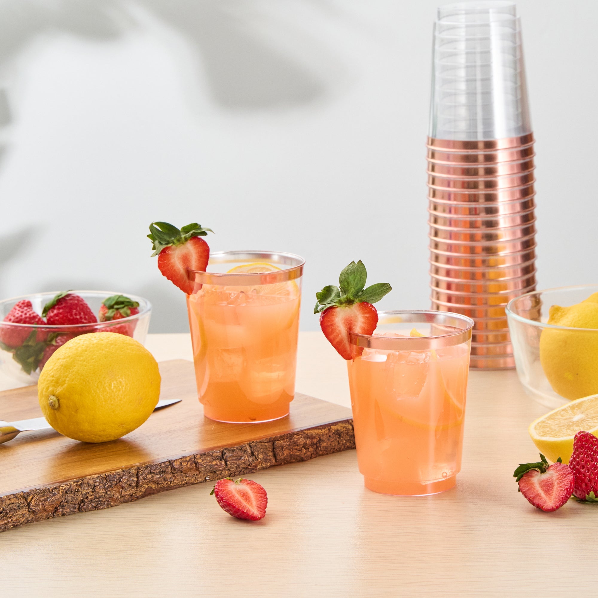 Chef 101 10 oz Clear Plastic Tumbler - with Rose Gold Rim - 3" x 3" x 3 3/4" - 20 count box