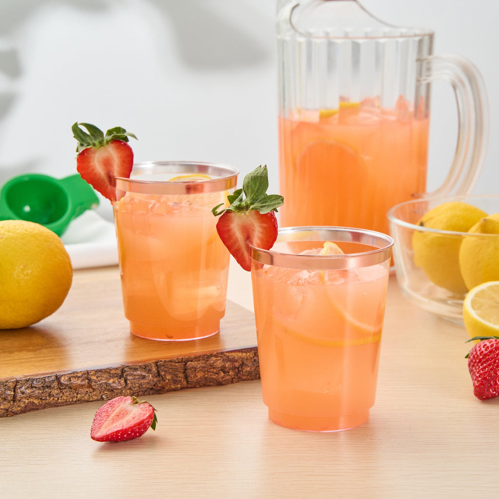 Chef 101 10 oz Clear Plastic Tumbler - with Rose Gold Rim - 3" x 3" x 3 3/4" - 20 count box