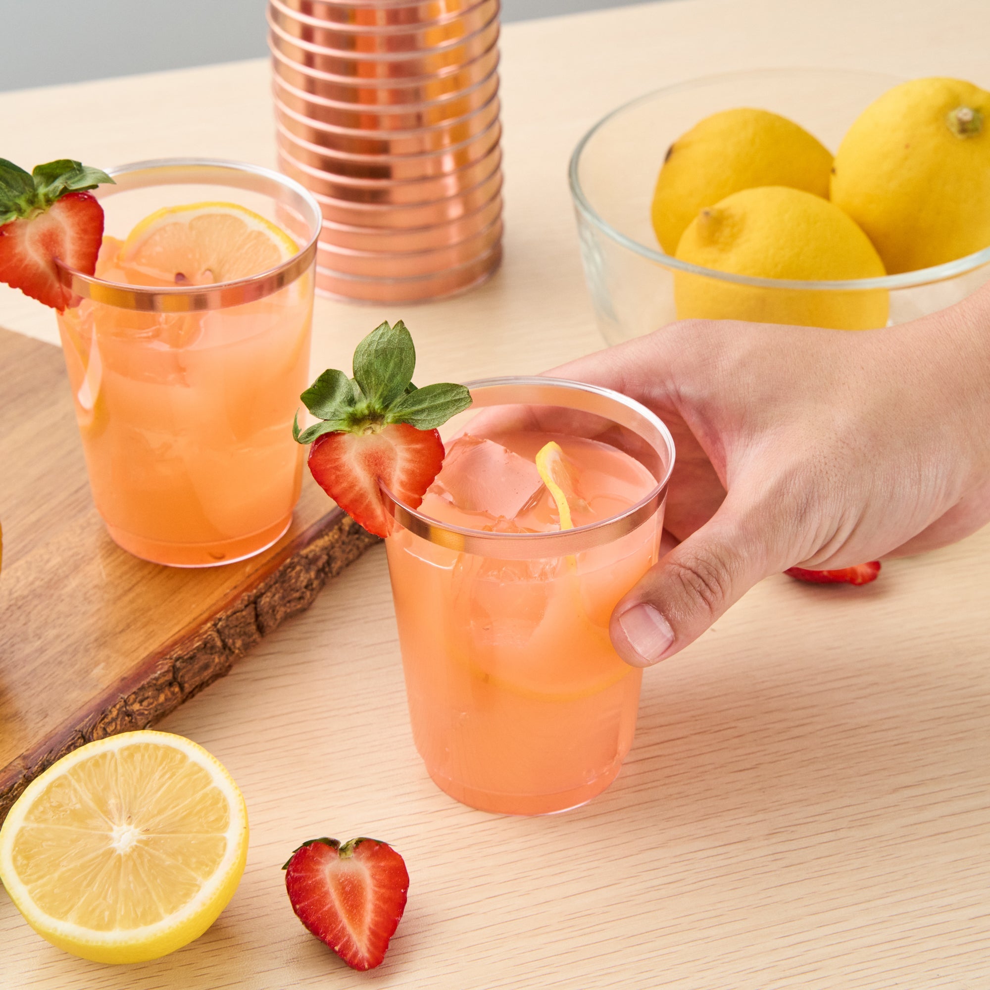Chef 101 10 oz Clear Plastic Tumbler - with Rose Gold Rim - 3" x 3" x 3 3/4" - 500 count box