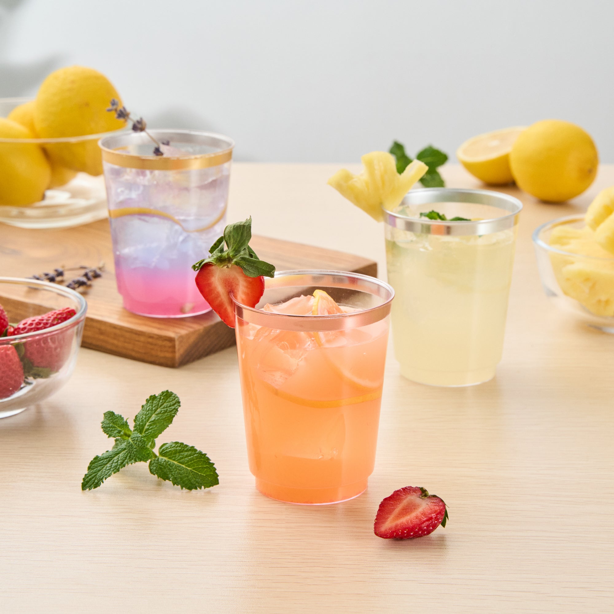 Chef 101 10 oz Clear Plastic Tumbler - with Rose Gold Rim - 3" x 3" x 3 3/4" - 500 count box