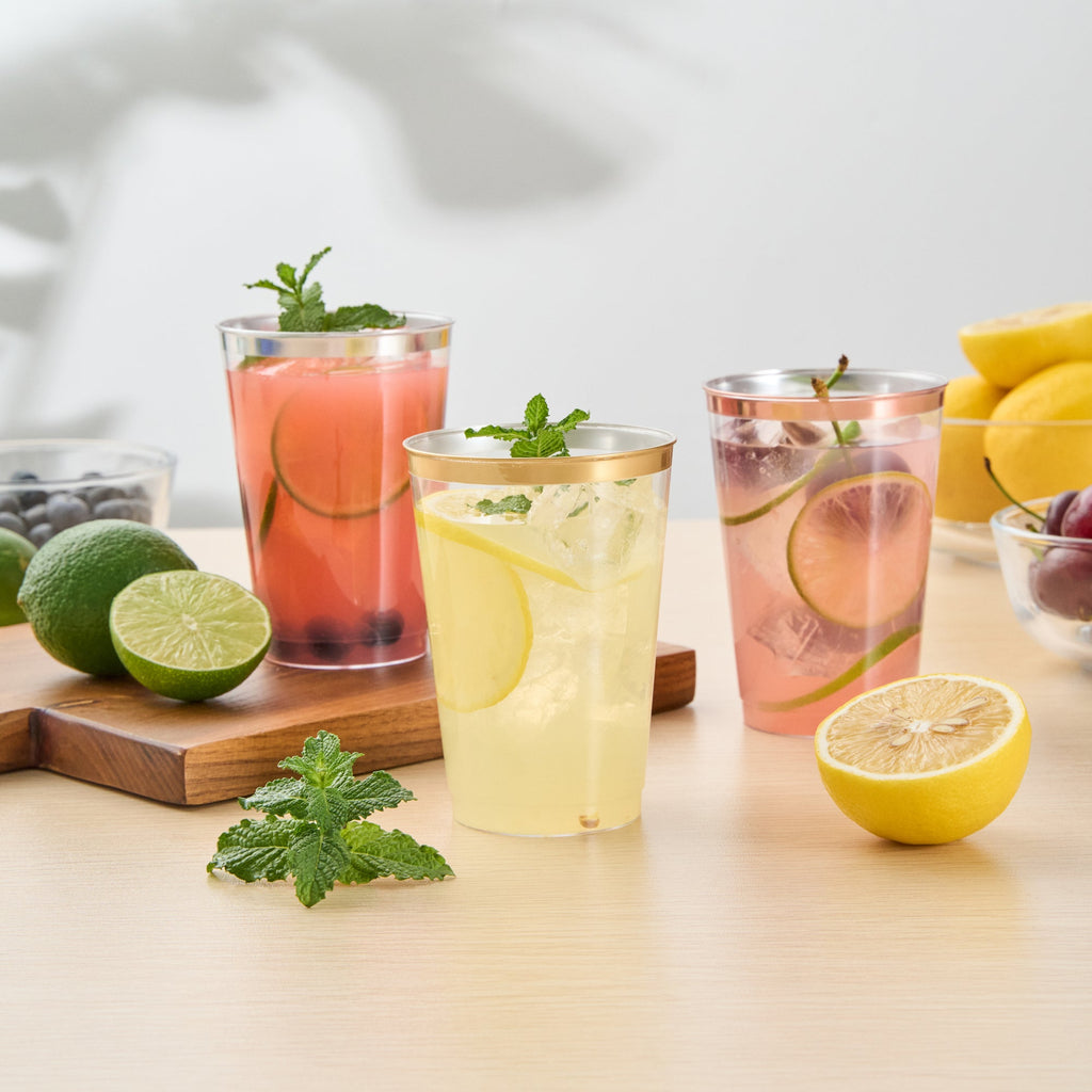 Chef 101 12 oz Clear Plastic Tumbler - with Gold Rim - 3" x 3" x 4 1/4" - 500 count box