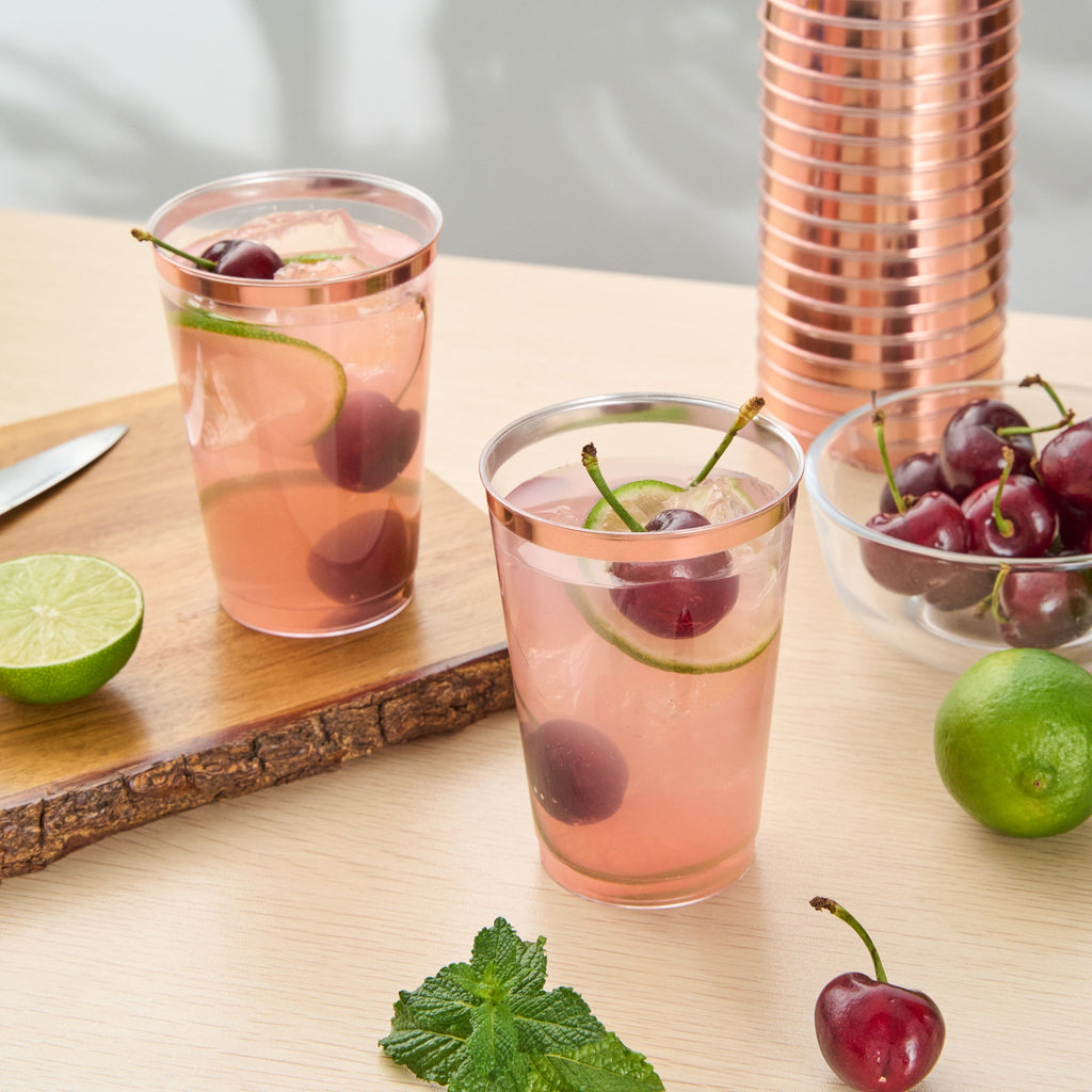 Chef 101 12 oz Clear Plastic Tumbler - with Rose Gold Rim - 3" x 3" x 4 1/4" - 20 count box