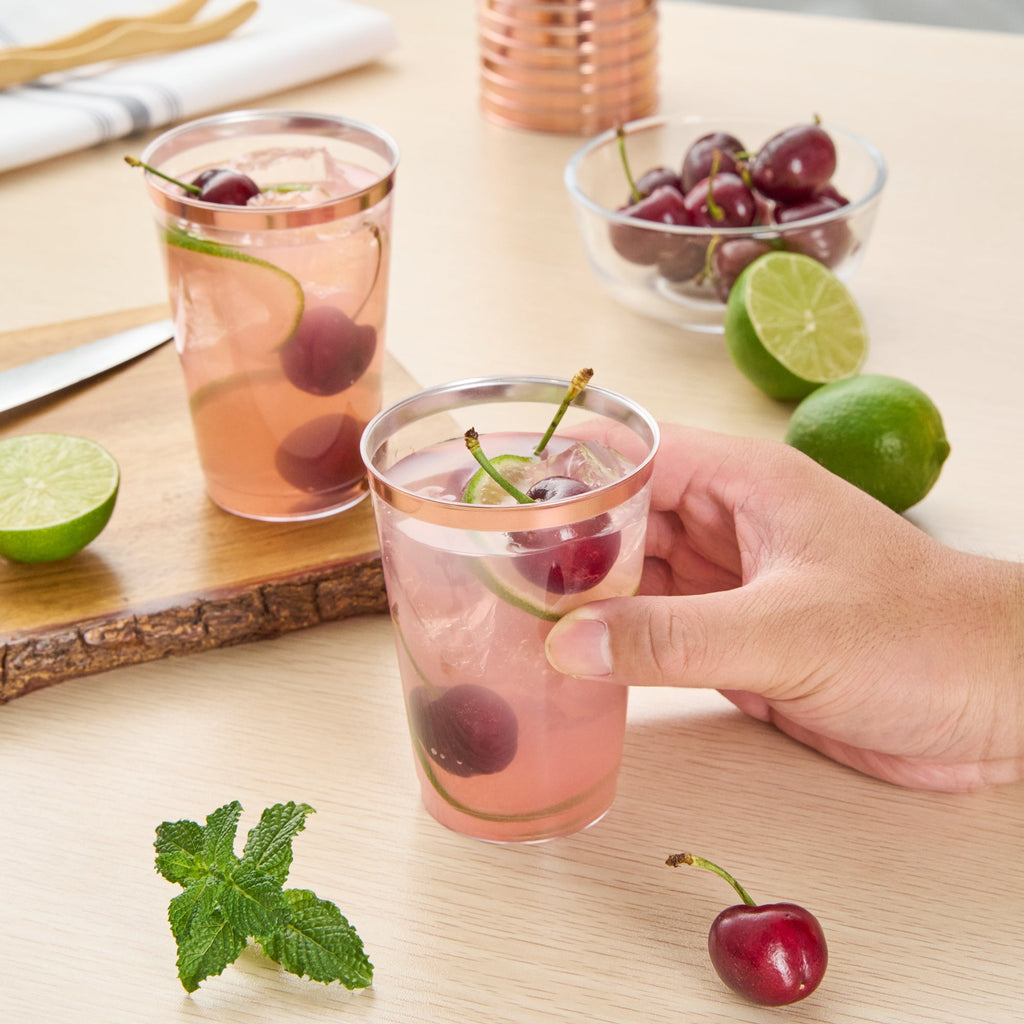 Chef 101 12 oz Clear Plastic Tumbler - with Rose Gold Rim - 3" x 3" x 4 1/4" - 20 count box
