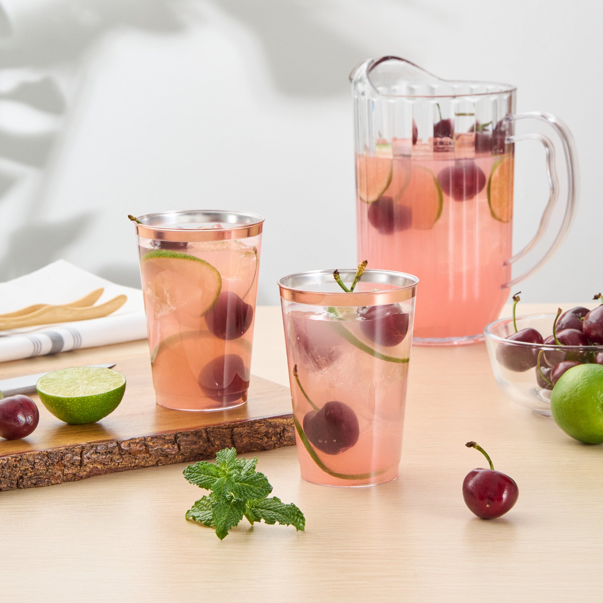 Chef 101 12 oz Clear Plastic Tumbler - with Rose Gold Rim - 3" x 3" x 4 1/4" - 20 count box