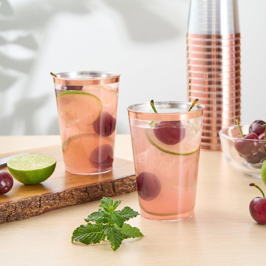 Chef 101 12 oz Clear Plastic Tumbler - with Rose Gold Rim - 3" x 3" x 4 1/4" - 500 count box