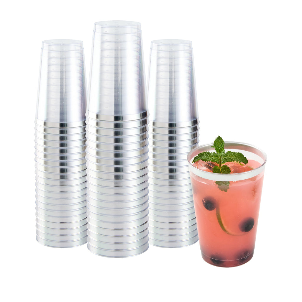 Chef 101 12 oz Clear Plastic Tumbler - with Silver Rim - 3" x 3" x 4 1/4" - 500 count box