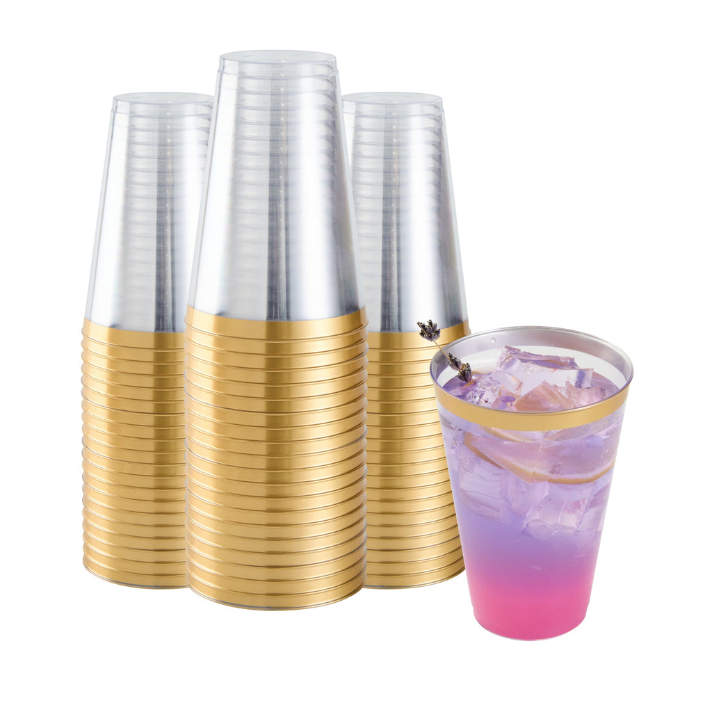 Chef 101 14 oz Clear Plastic Tumbler - with Gold Rim - 3 1/4" x 3 1/4" x 4 3/4" - 500 count box