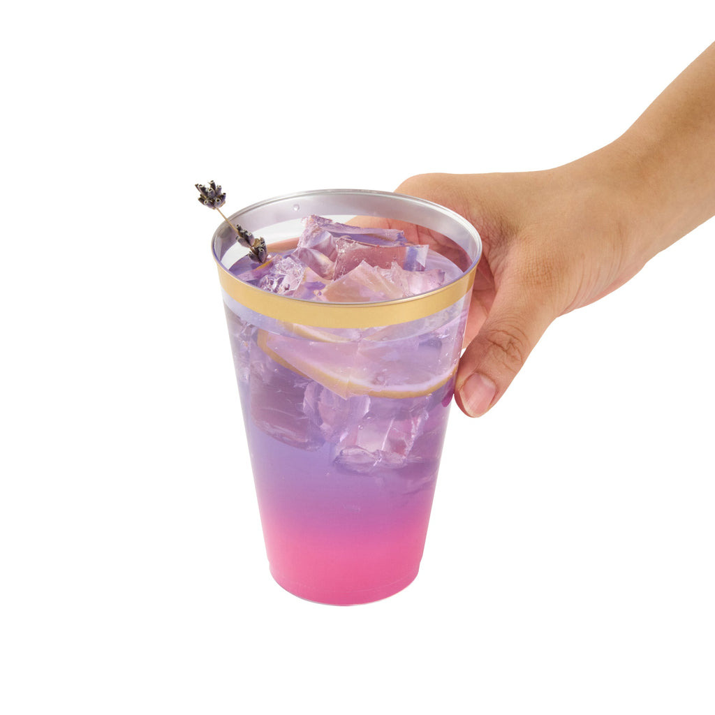 Chef 101 14 oz Clear Plastic Tumbler - with Gold Rim - 3 1/4" x 3 1/4" x 4 3/4" - 20 count box