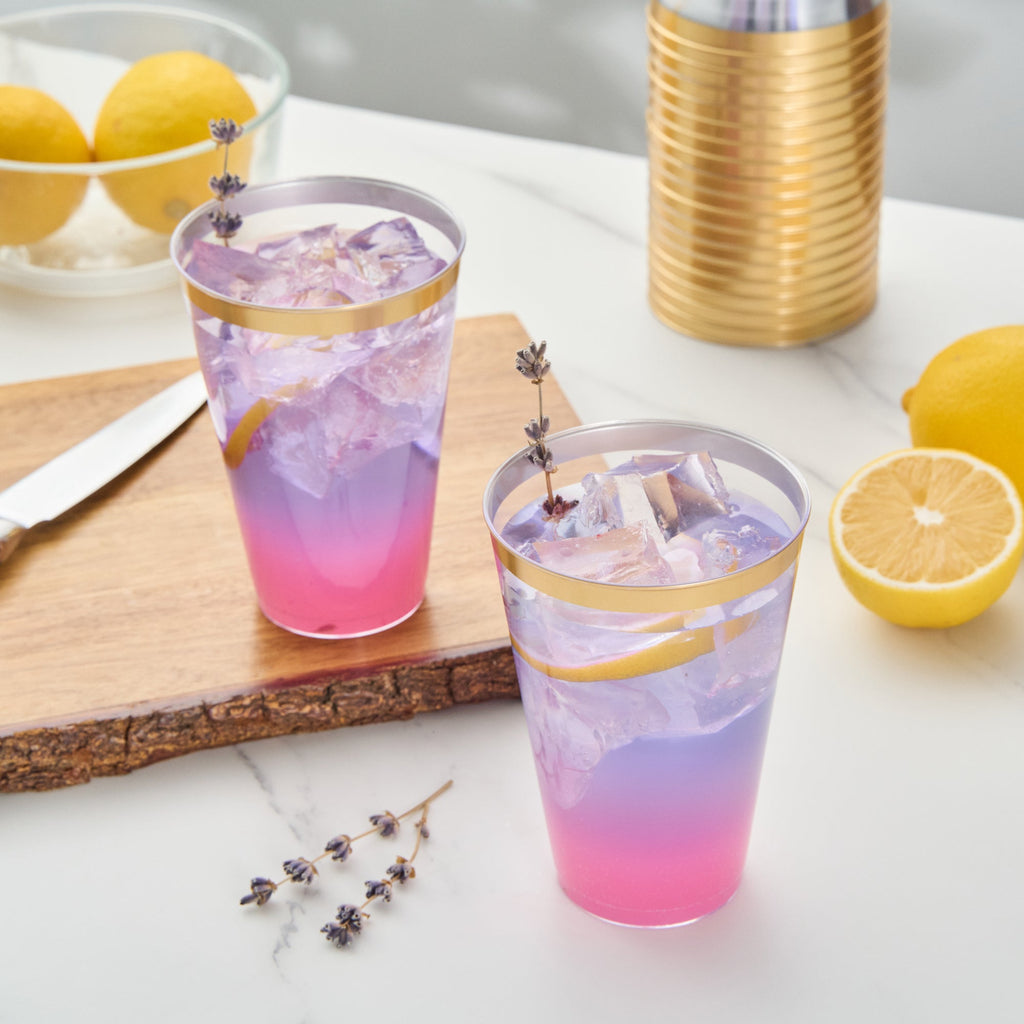 Chef 101 14 oz Clear Plastic Tumbler - with Gold Rim - 3 1/4" x 3 1/4" x 4 3/4" - 20 count box