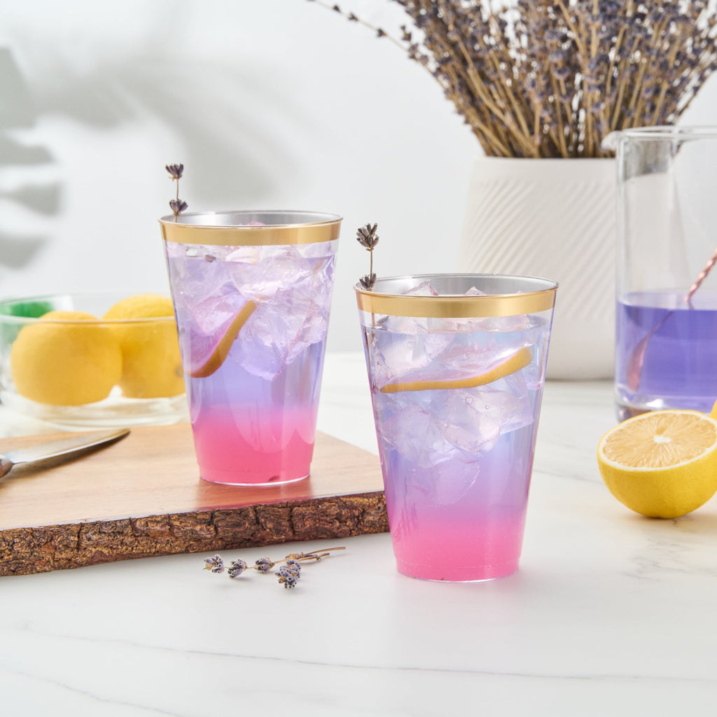 Chef 101 14 oz Clear Plastic Tumbler - with Gold Rim - 3 1/4" x 3 1/4" x 4 3/4" - 20 count box