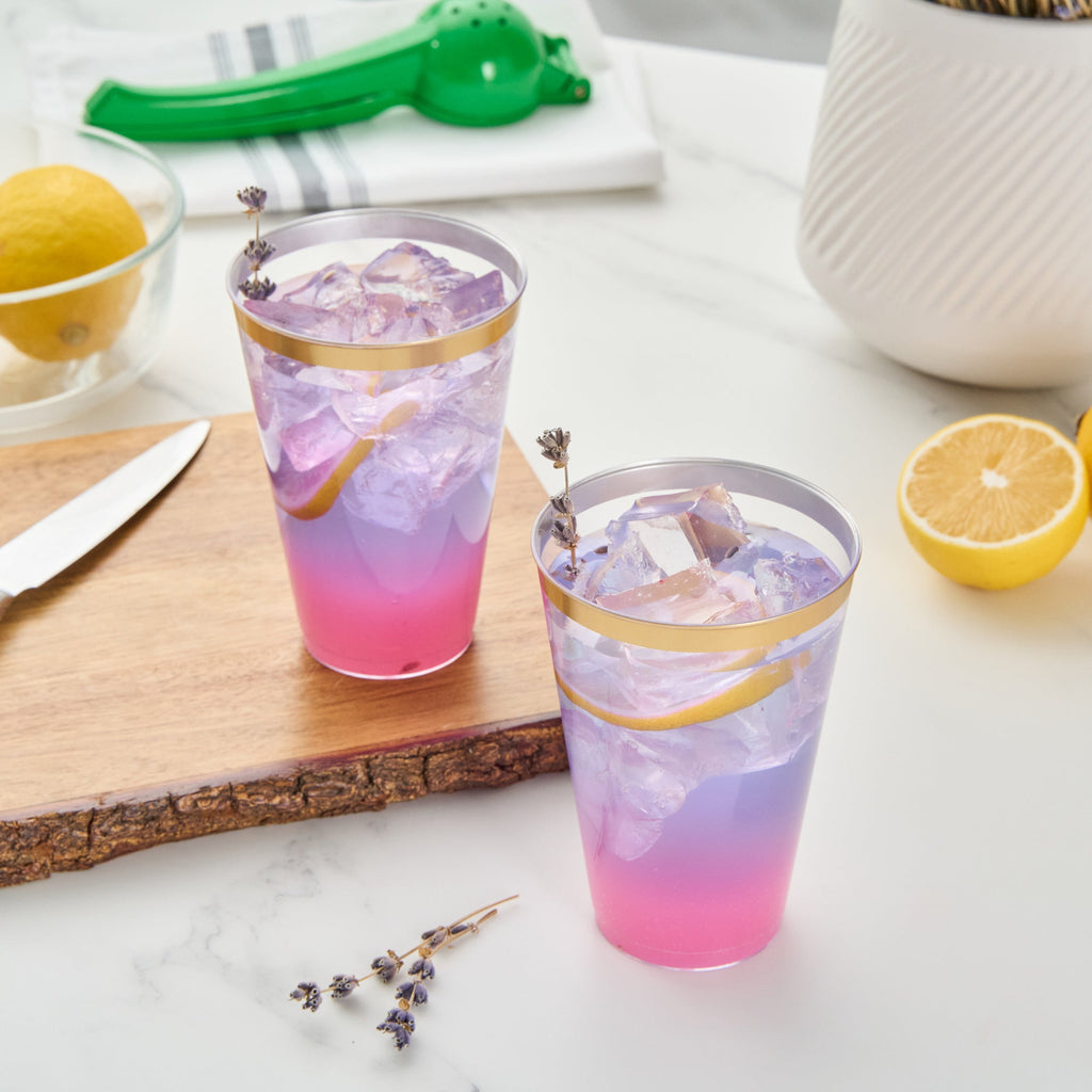 Chef 101 14 oz Clear Plastic Tumbler - with Gold Rim - 3 1/4" x 3 1/4" x 4 3/4" - 20 count box