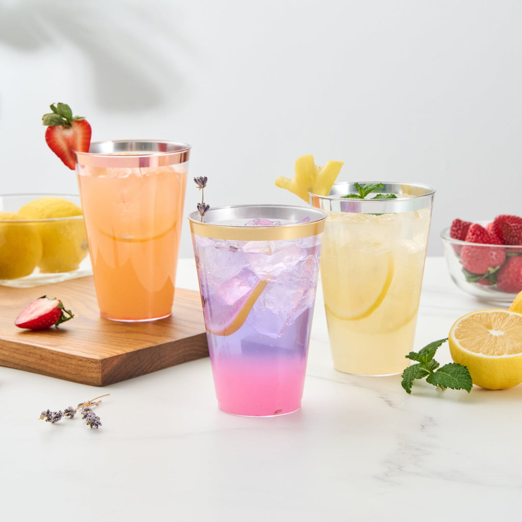 Chef 101 14 oz Clear Plastic Tumbler - with Gold Rim - 3 1/4" x 3 1/4" x 4 3/4" - 500 count box