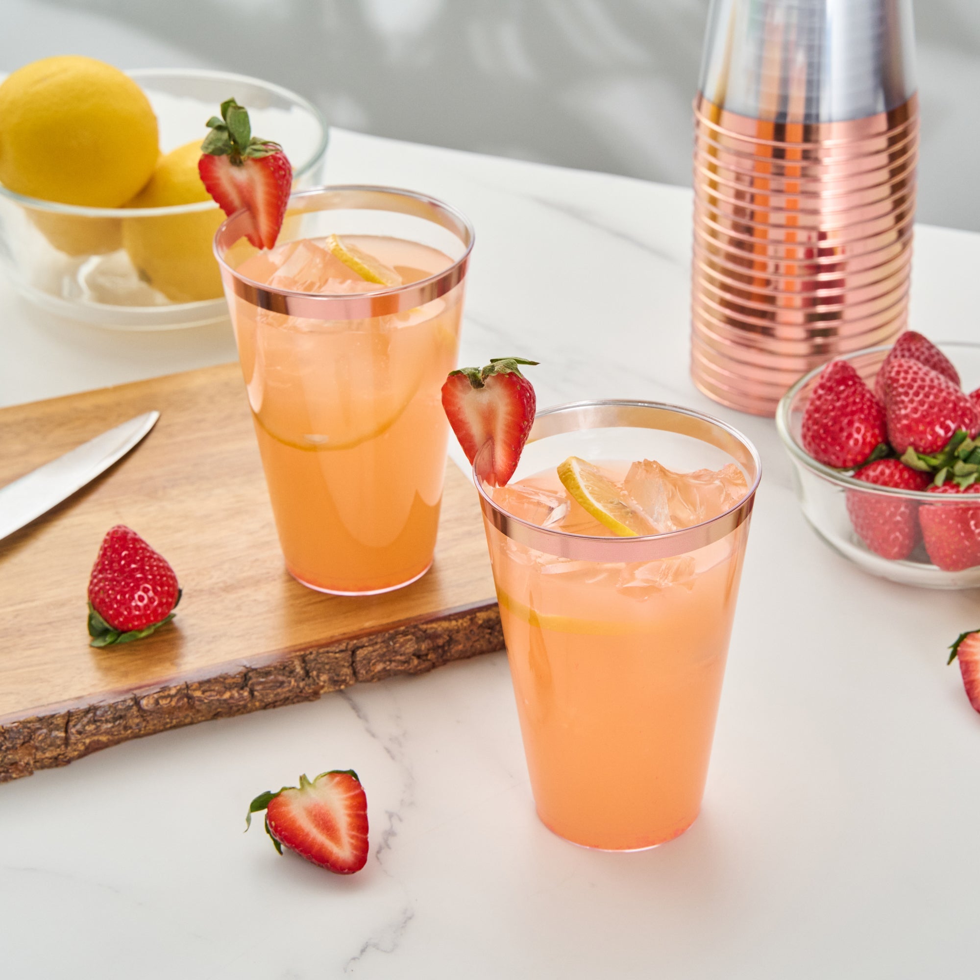 Chef 101 14 oz Clear Plastic Tumbler - with Rose Gold Rim - 3 1/4" x 3 1/4" x 4 3/4" - 500 count box
