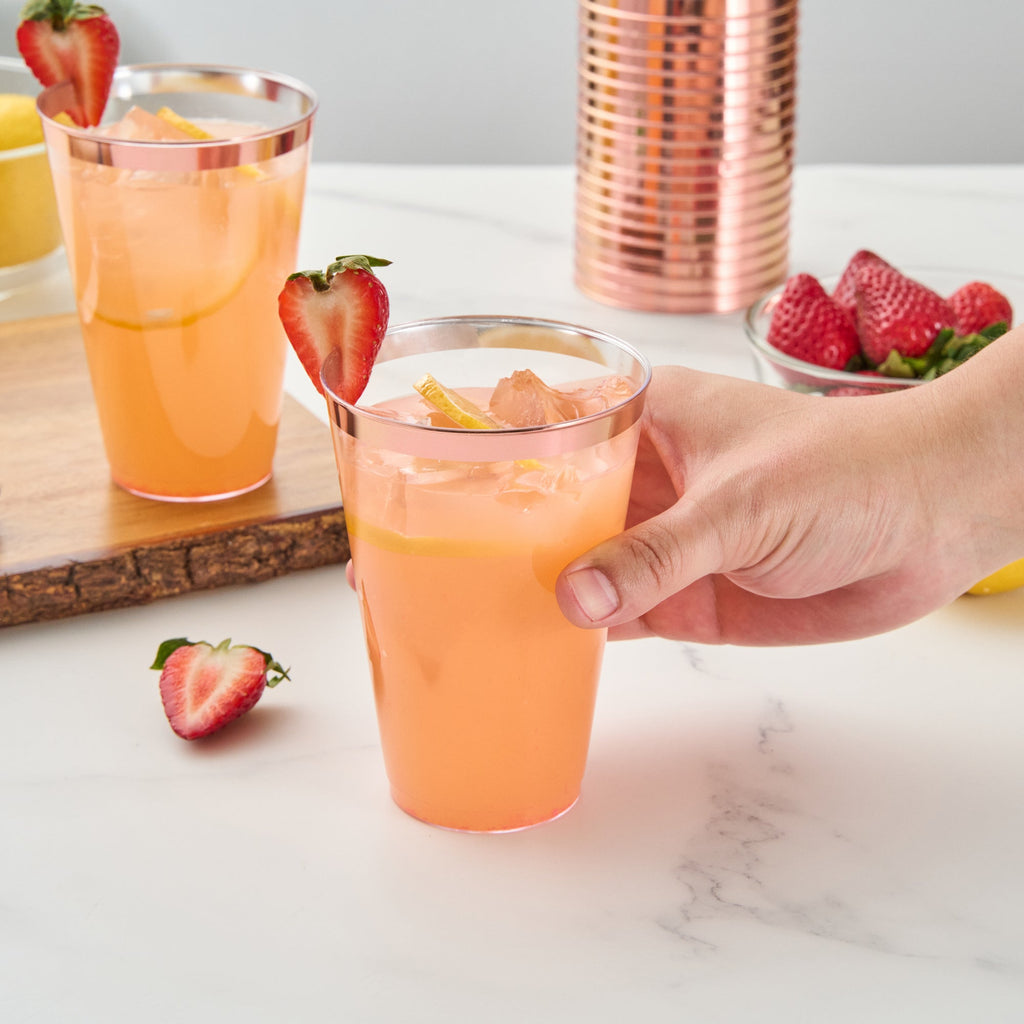 Chef 101 14 oz Clear Plastic Tumbler - with Rose Gold Rim - 3 1/4" x 3 1/4" x 4 3/4" - 500 count box