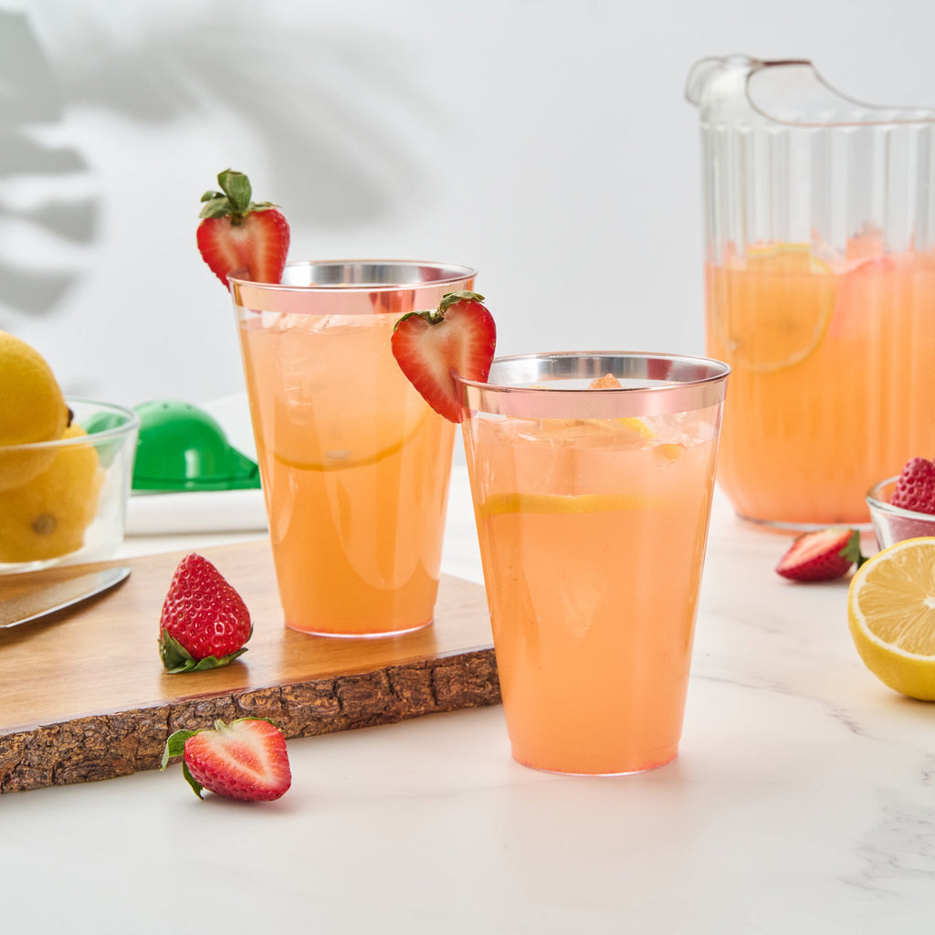 Chef 101 14 oz Clear Plastic Tumbler - with Rose Gold Rim - 3 1/4" x 3 1/4" x 4 3/4" - 500 count box