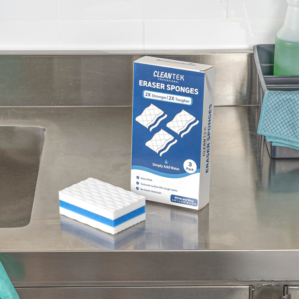 Clean Tek Professional White and Blue Triple Layer Melamine Eraser Sponge - 4 1/4" x 2 3/4" x 1 1/2" - 60 count box