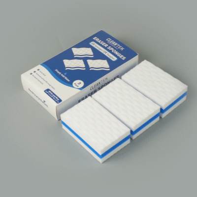 Clean Tek Professional White and Blue Triple Layer Melamine Eraser Sponge - 4 1/4" x 2 3/4" x 1 1/2" - 60 count box
