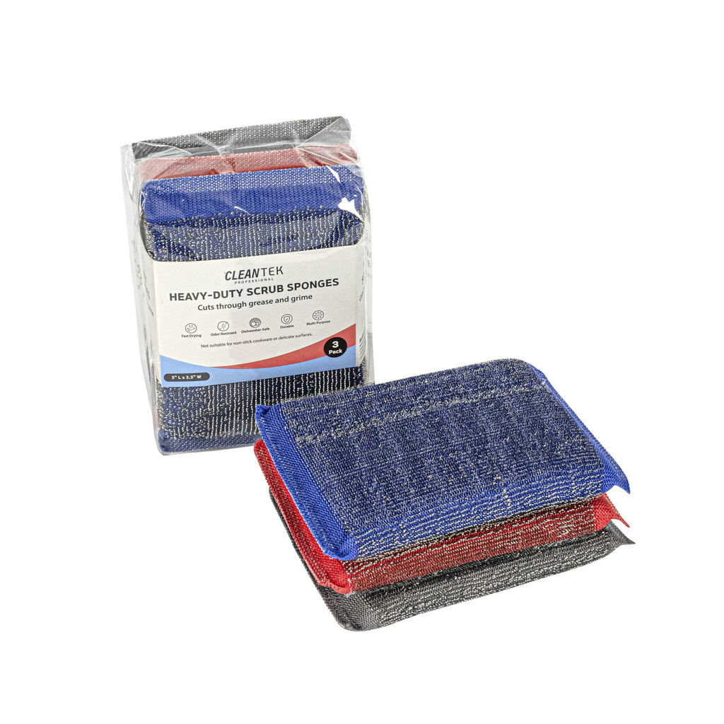 Clean Tek Professional Heavy-Duty Multi-Purpose Assorted Iron Scrub Sponge - Gray, Red, and Blue - 5" x 3 1/2" x 1/2" - 3 count box
