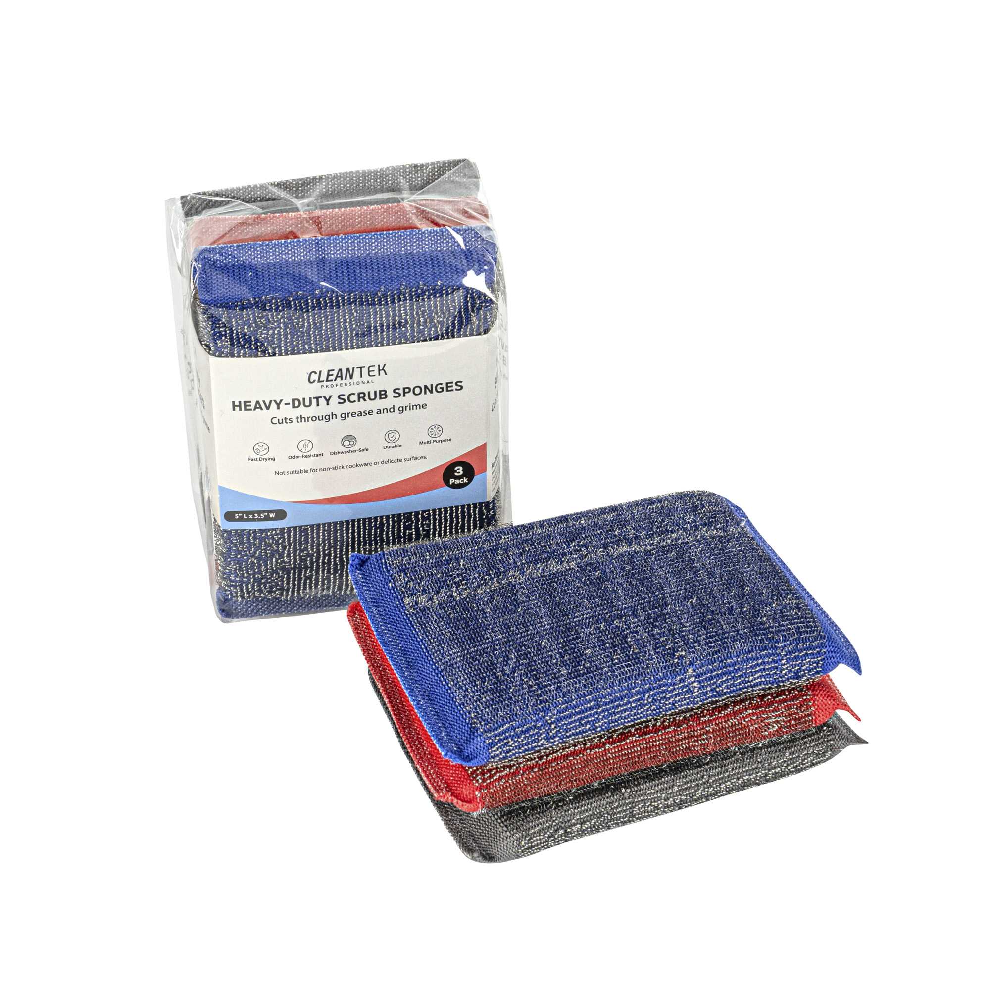 Clean Tek Professional Heavy-Duty Multi-Purpose Assorted Iron Scrub Sponge - Gray, Red, and Blue - 5" x 3 1/2" x 1/2" - 3 count box