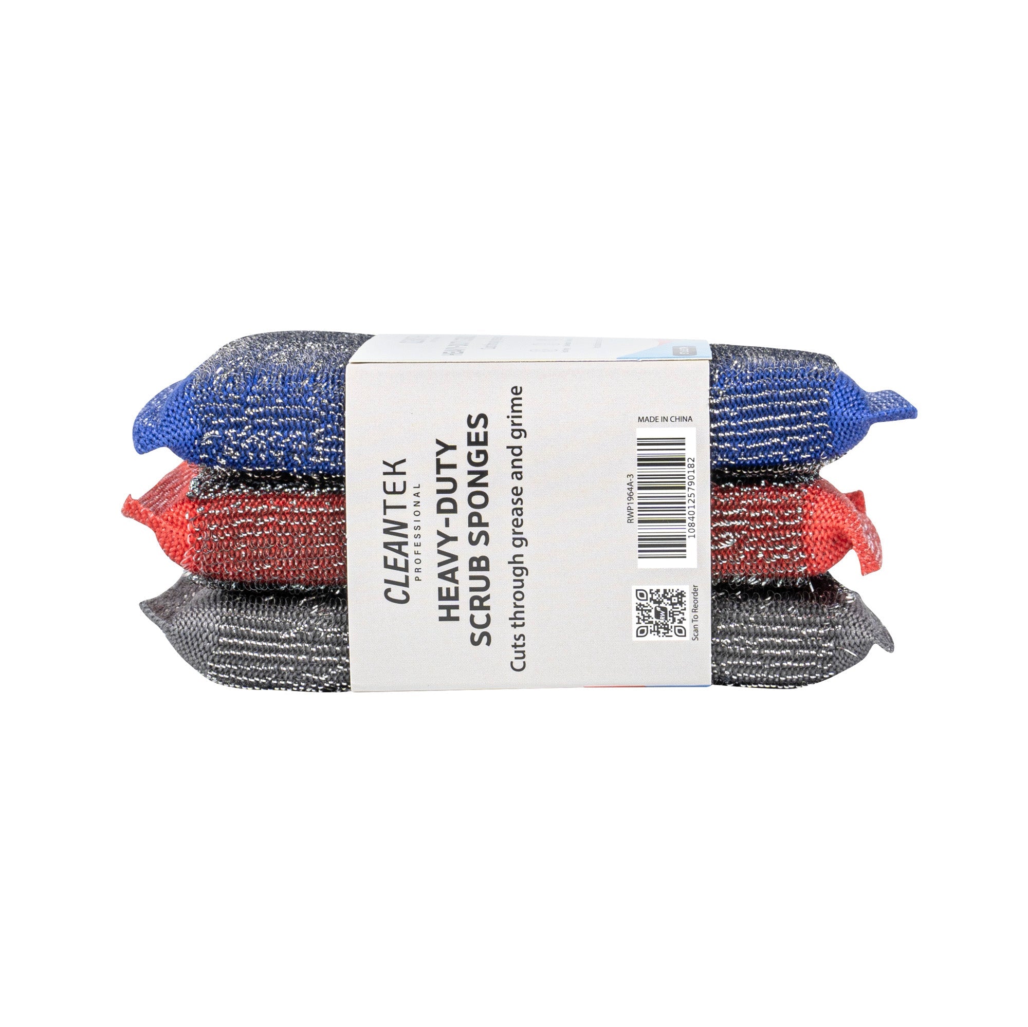 Clean Tek Professional Heavy-Duty Multi-Purpose Assorted Iron Scrub Sponge - Gray, Red, and Blue - 5" x 3 1/2" x 1/2" - 60 count box