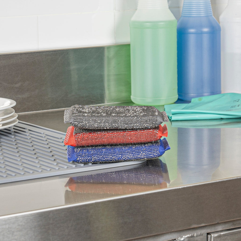 Clean Tek Professional Heavy-Duty Multi-Purpose Assorted Iron Scrub Sponge - Gray, Red, and Blue - 5" x 3 1/2" x 1/2" - 60 count box