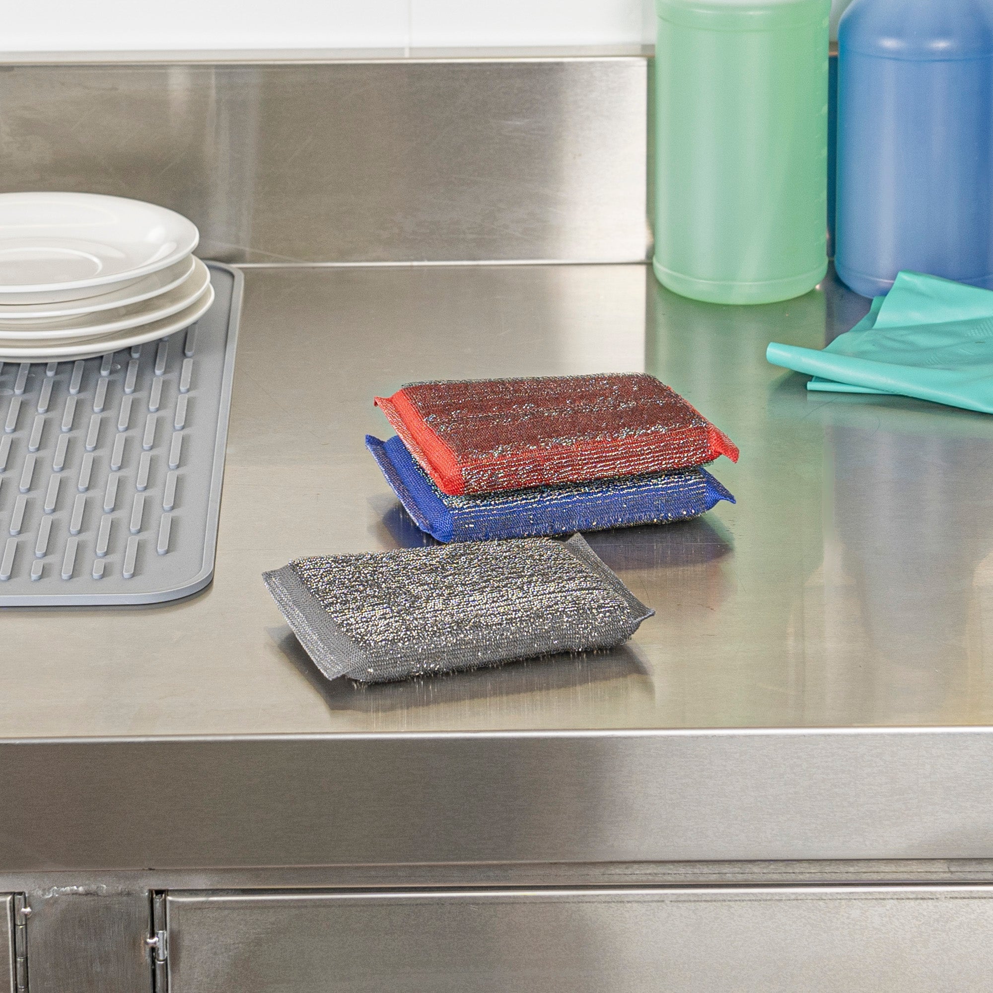 Clean Tek Professional Heavy-Duty Multi-Purpose Assorted Iron Scrub Sponge - Gray, Red, and Blue - 5" x 3 1/2" x 1/2" - 60 count box