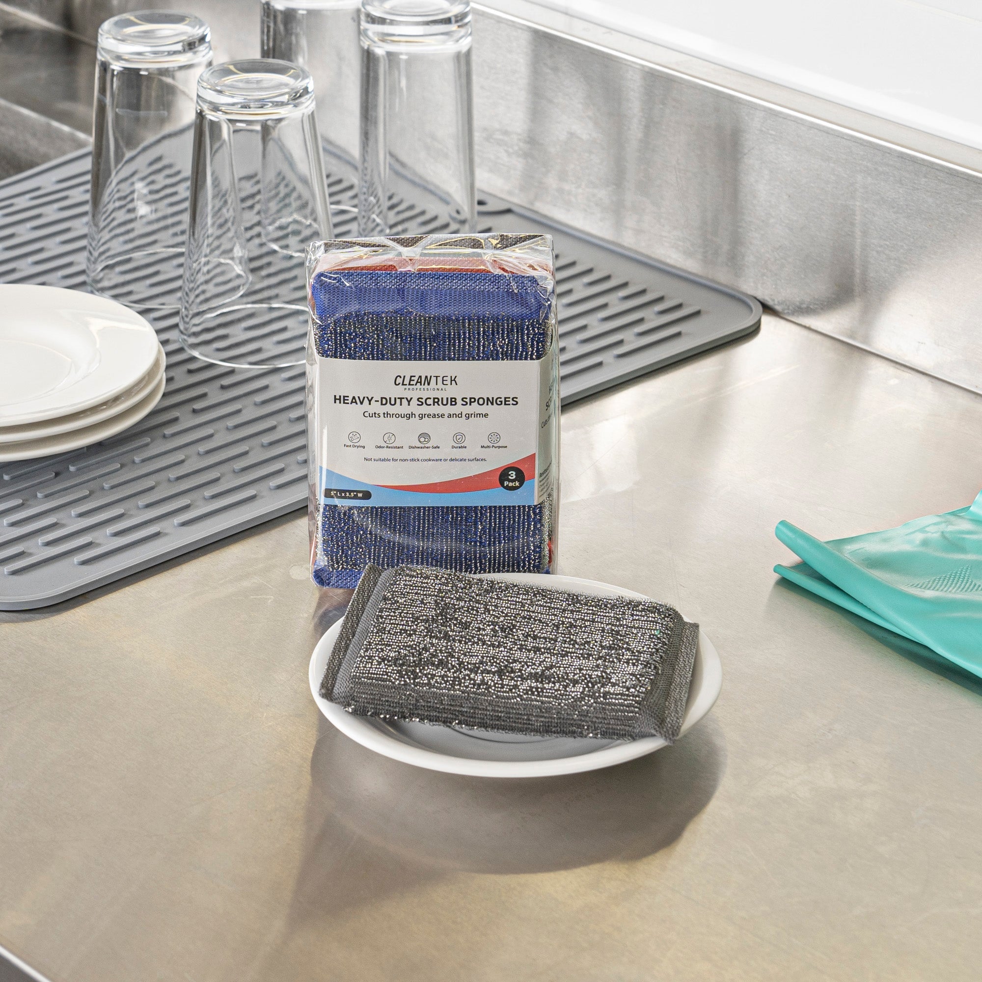 Clean Tek Professional Heavy-Duty Multi-Purpose Assorted Iron Scrub Sponge - Gray, Red, and Blue - 5" x 3 1/2" x 1/2" - 60 count box