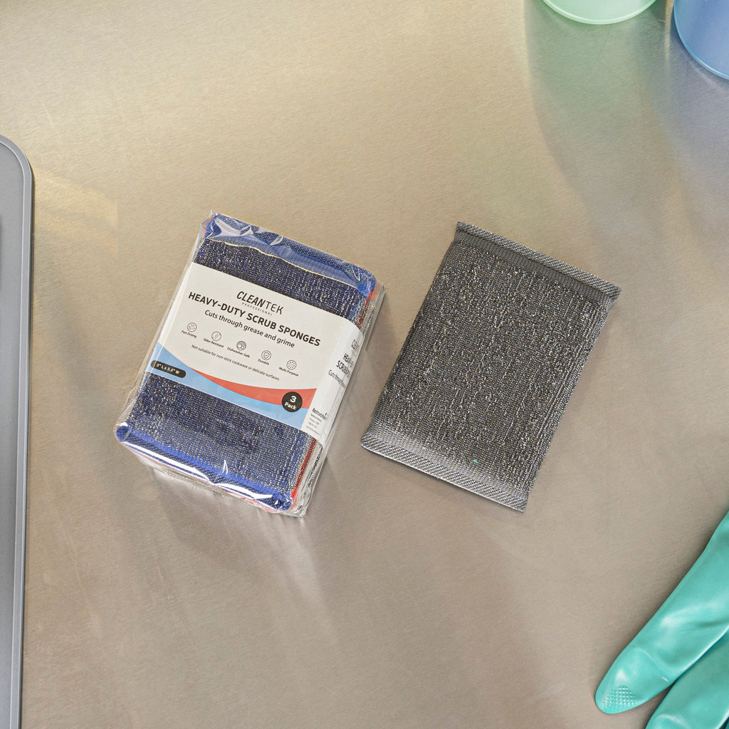 Clean Tek Professional Heavy-Duty Multi-Purpose Assorted Iron Scrub Sponge - Gray, Red, and Blue - 5" x 3 1/2" x 1/2" - 60 count box