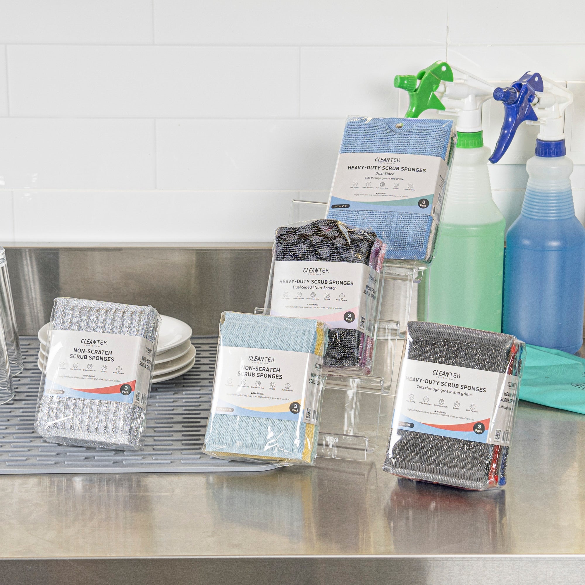 Clean Tek Professional Heavy-Duty Multi-Purpose Assorted Iron Scrub Sponge - Gray, Red, and Blue - 5" x 3 1/2" x 1/2" - 60 count box
