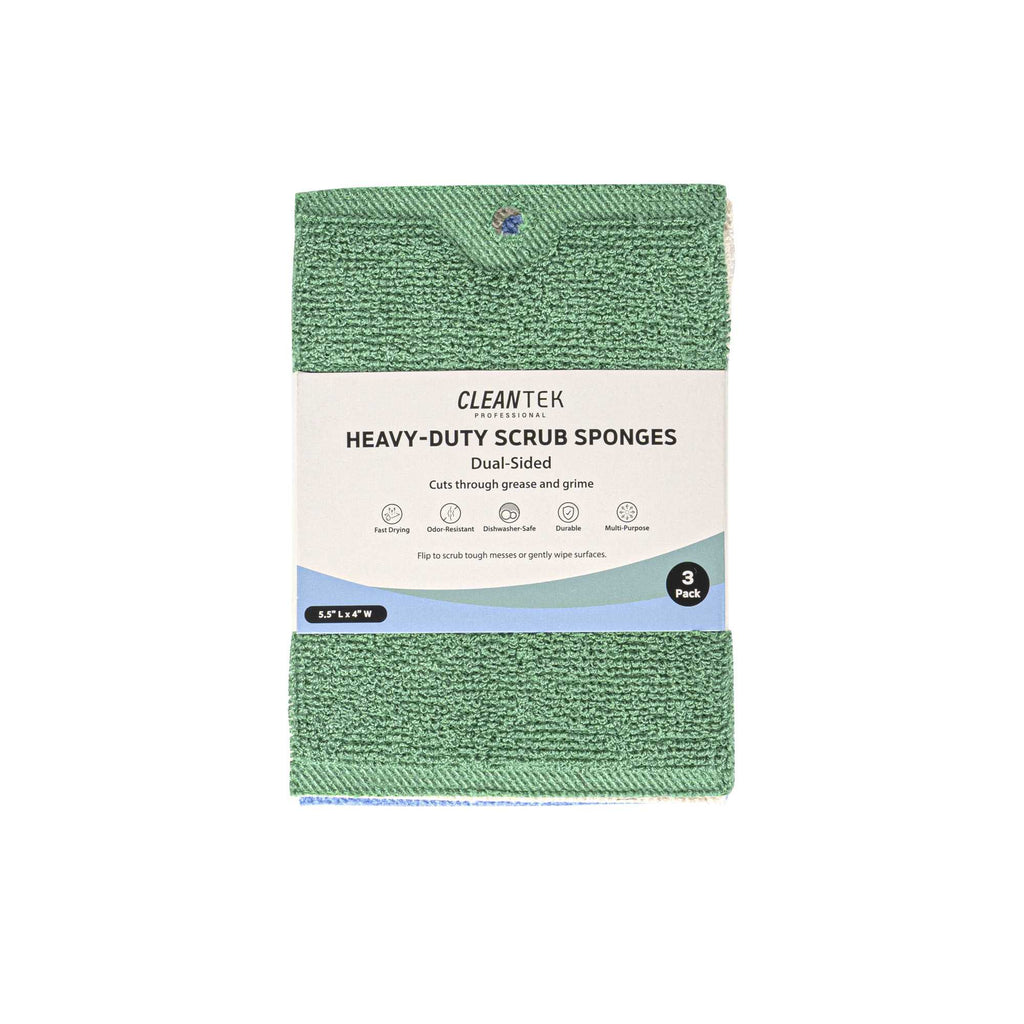 Clean Tek Professional Dual-Sided Heavy-Duty Multi-Purpose Scrub Sponge - Blue, Beige, and Green, Non-Scratch - 5 1/2" x 4" - 3 count box
