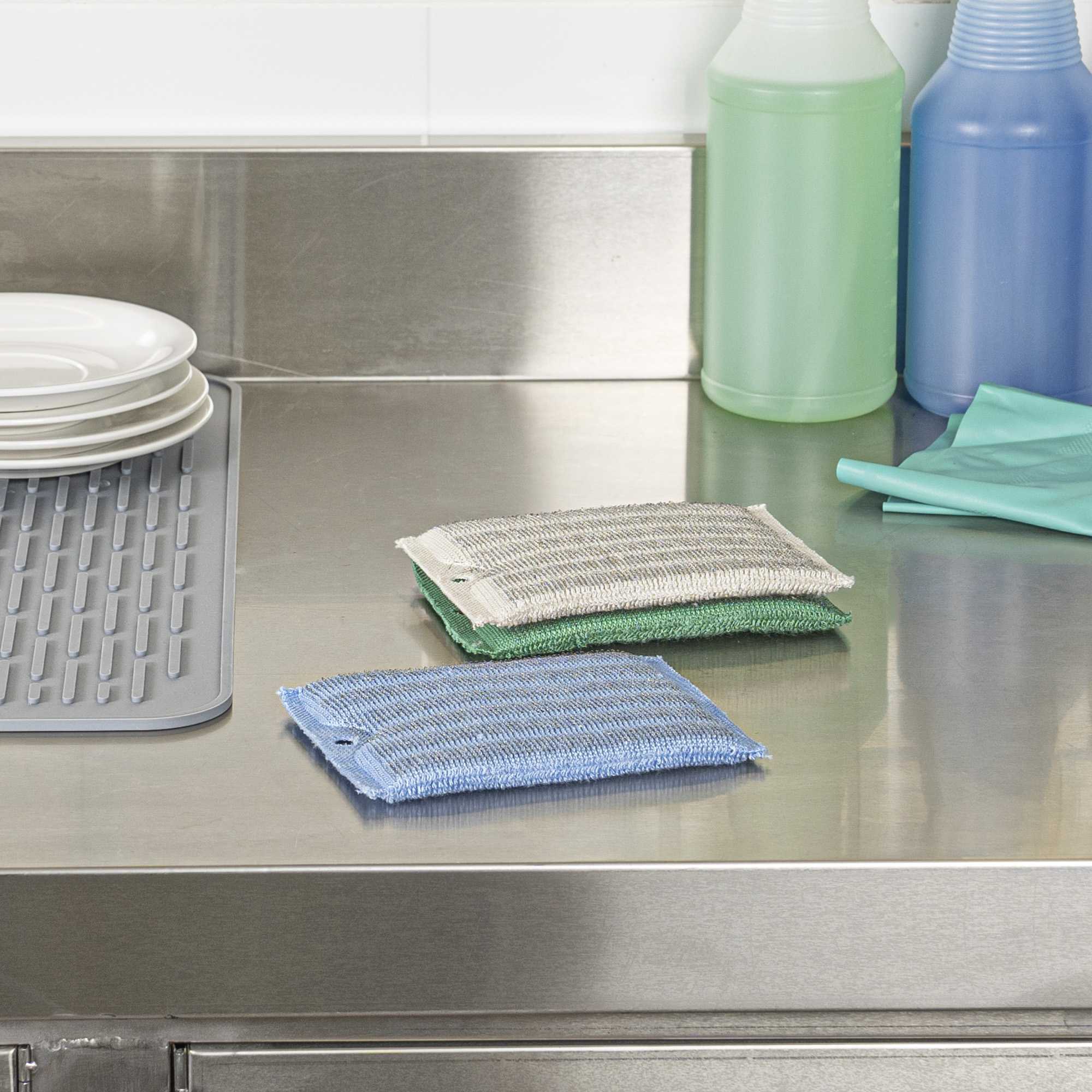 Clean Tek Professional Dual-Sided Heavy-Duty Multi-Purpose Scrub Sponge - Blue, Beige, and Green, Non-Scratch - 5 1/2" x 4" - 3 count box