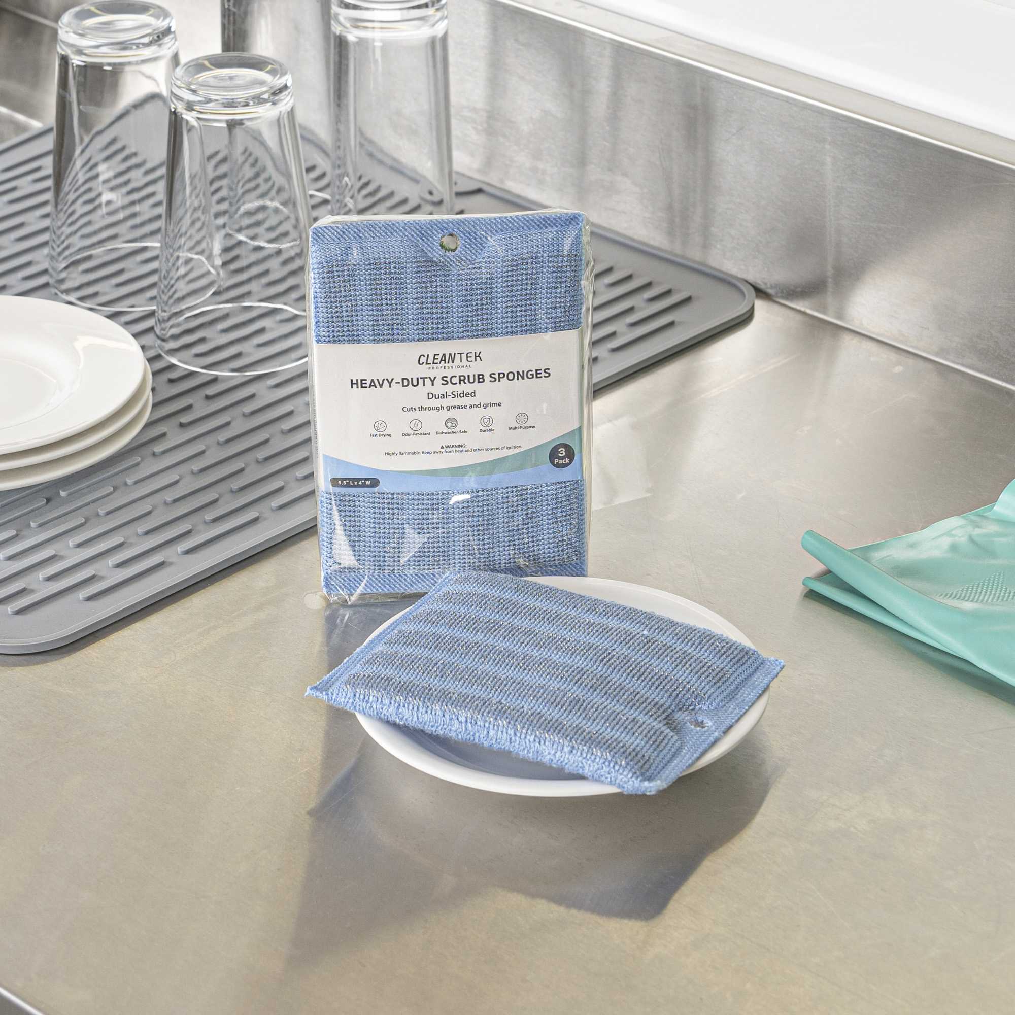 Clean Tek Professional Dual-Sided Heavy-Duty Multi-Purpose Scrub Sponge - Blue, Beige, and Green, Non-Scratch - 5 1/2" x 4" - 3 count box