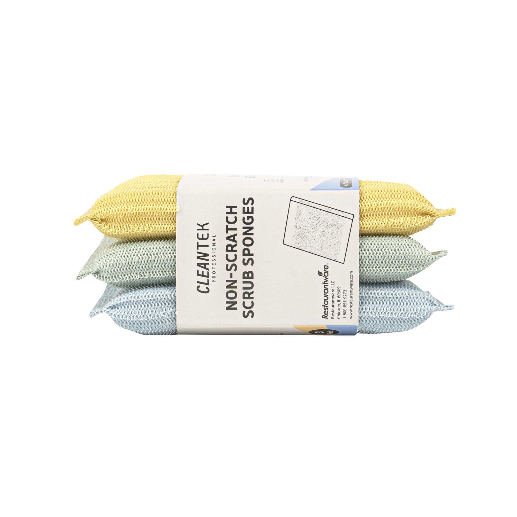 Clean Tek Professional Multi-Purpose Assorted Scrub Sponge - Blue, Yellow, and Green, Non-Scratch - 4 1/2" x 3 1/2" x 3/4" - 3 count box