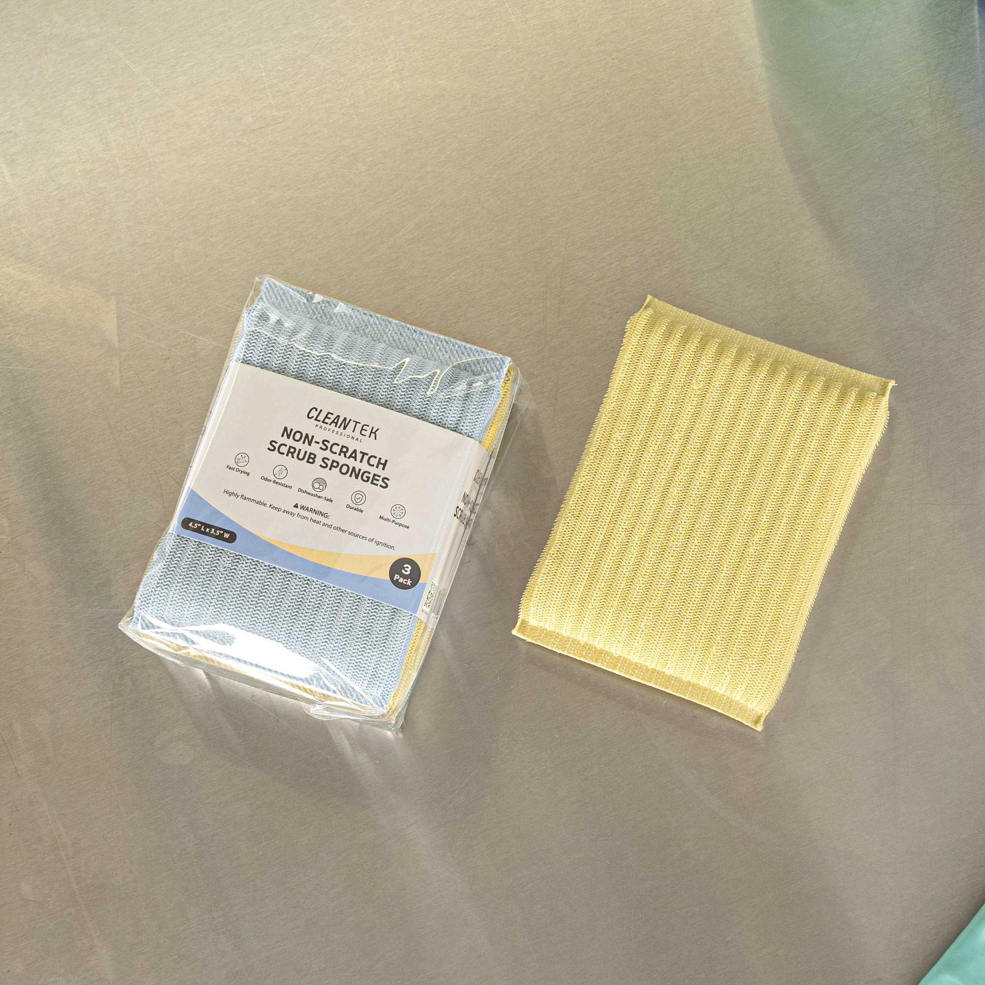 Clean Tek Professional Multi-Purpose Assorted Scrub Sponge - Blue, Yellow, and Green, Non-Scratch - 4 1/2" x 3 1/2" x 3/4" - 3 count box