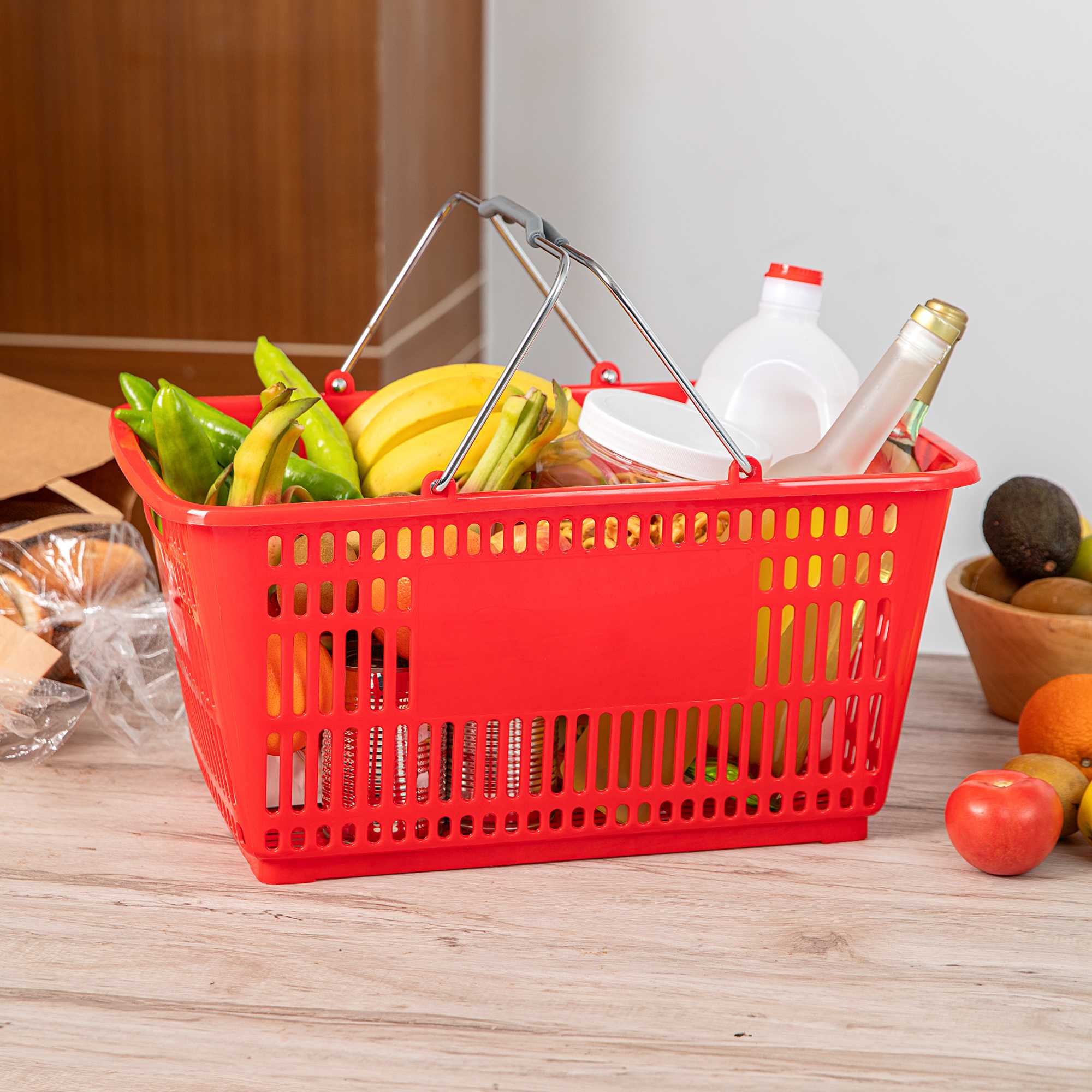 Shop Tek Red Plastic Grocery Market Shopping Basket - with Steel Handles - 19 1/4" x 13" - 10 count box