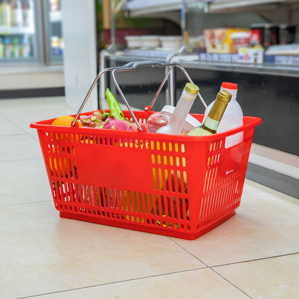 Shop Tek Red Plastic Grocery Market Shopping Basket - with Steel Handles - 19 1/4" x 13" - 10 count box