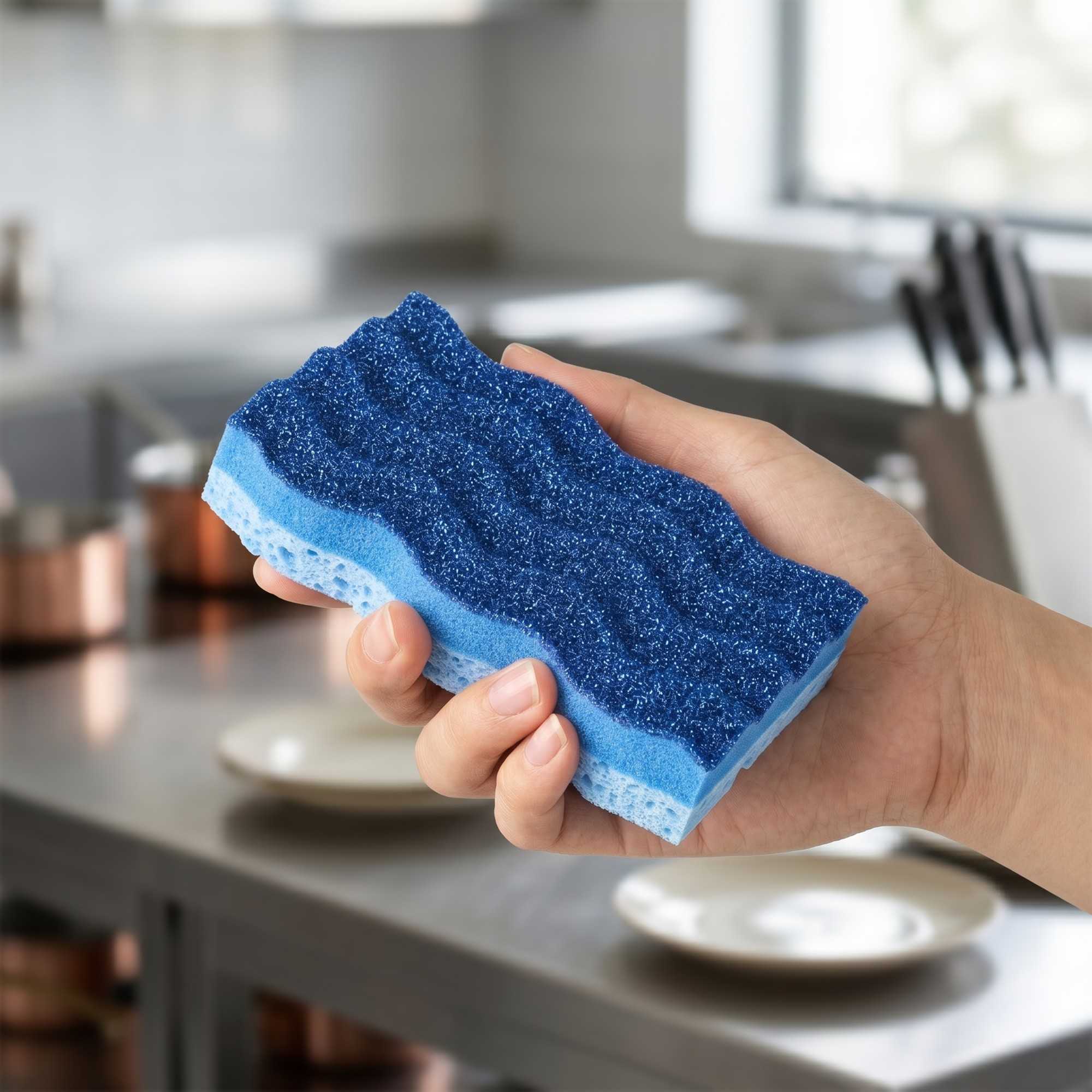 Clean Tek Professional Light-Duty Light and Dark Blue Cellulose Scouring Sponge - Grooved - 4 1/2" x 2 1/2" x 1" - 3 count box