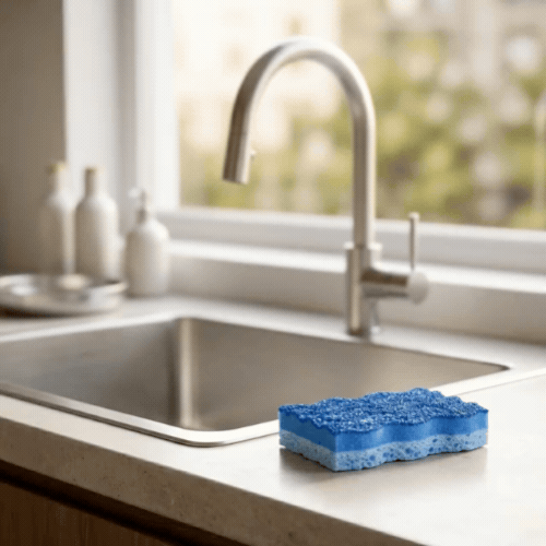 Clean Tek Professional Light-Duty Light and Dark Blue Cellulose Scouring Sponge - Grooved - 4 1/2" x 2 1/2" x 1" - 60 count box