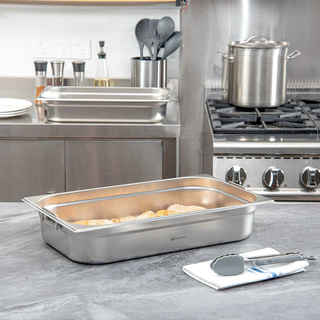 Met Lux Rectangle Stainless Steel Full Size Steam Table Pan 4 Inch Deep - Anti Jam, Collapsible Handles - 1 count box