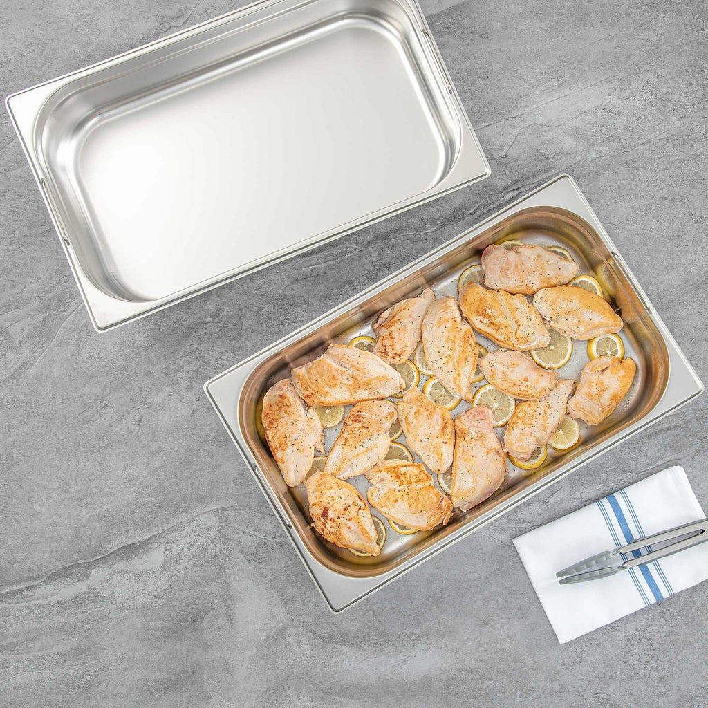 Met Lux Rectangle Stainless Steel Full Size Steam Table Pan 4 Inch Deep - Anti Jam, Collapsible Handles - 1 count box