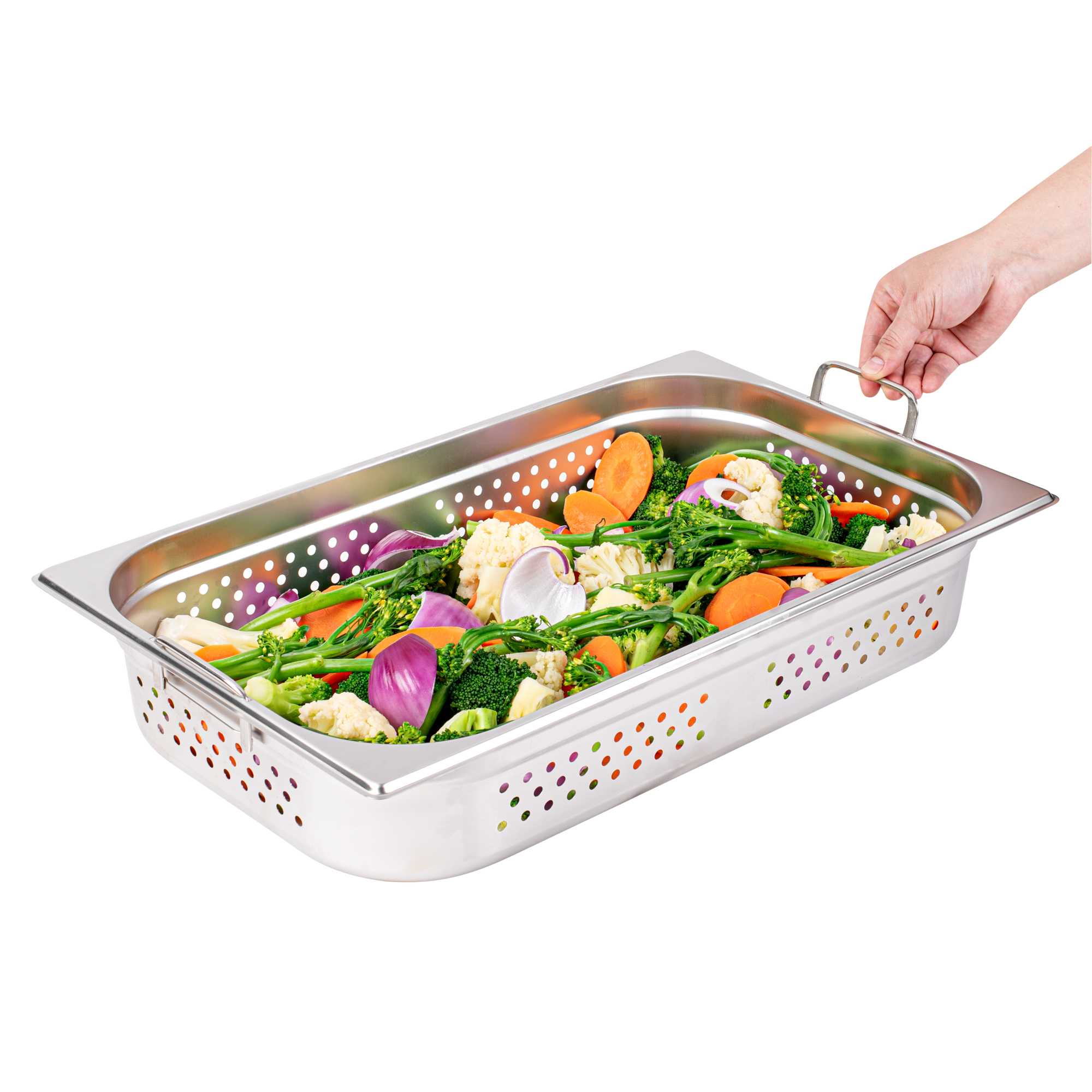 Met Lux Rectangle Stainless Steel Full Size Steam Table Pan 4 Inch Deep - Perforated, Anti Jam, Collapsible Handles - 1 count box