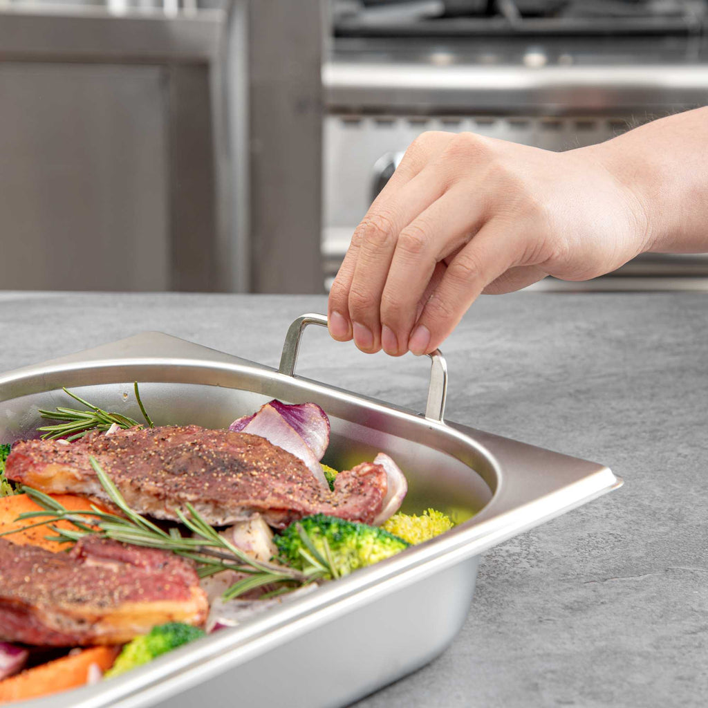 Met Lux Rectangle Stainless Steel 1/2 Size Steam Table Pan 2.5 Inch Deep - Anti Jam, Collapsible Handles - 1 count box