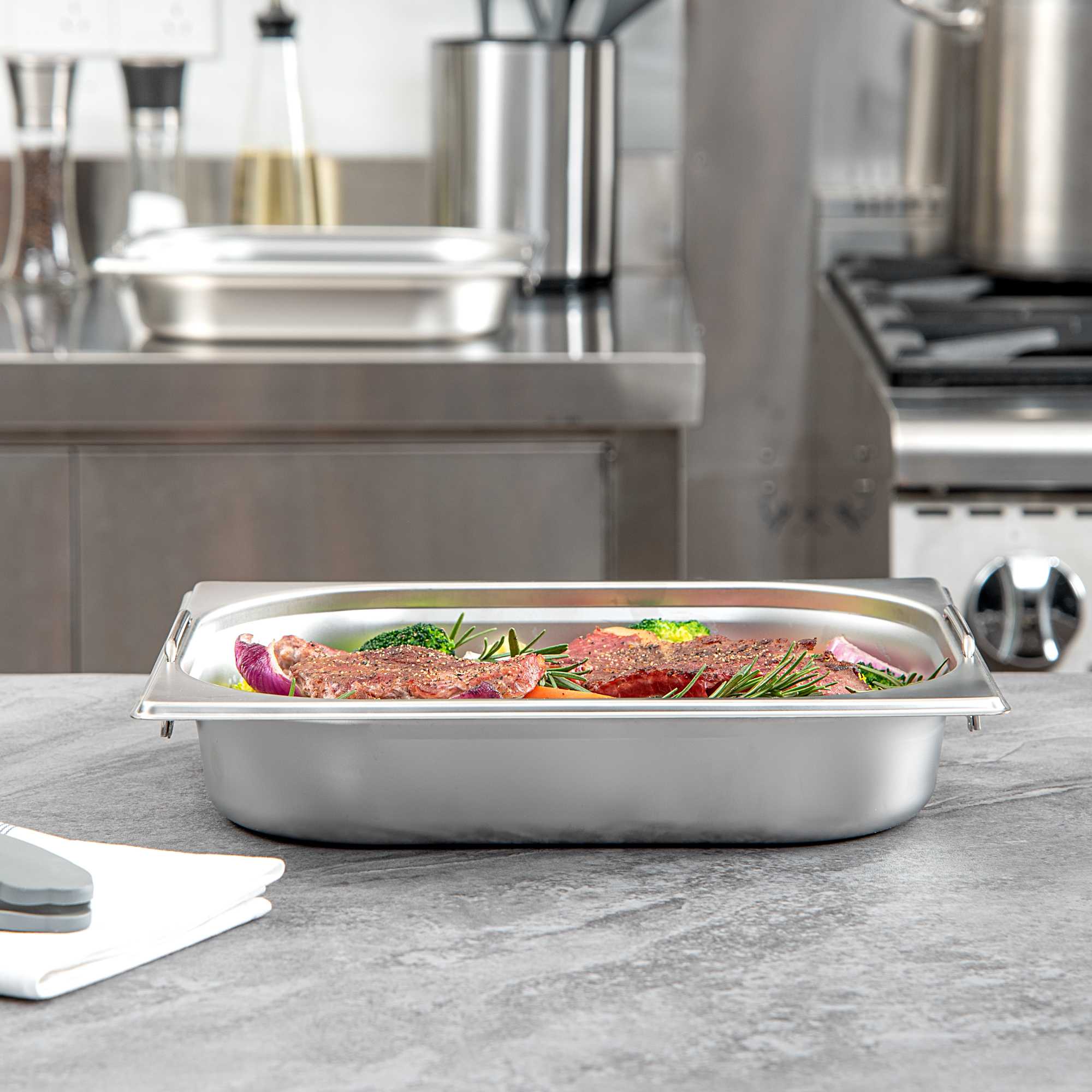 Met Lux Rectangle Stainless Steel 1/2 Size Steam Table Pan 2.5 Inch Deep - Anti Jam, Collapsible Handles - 1 count box