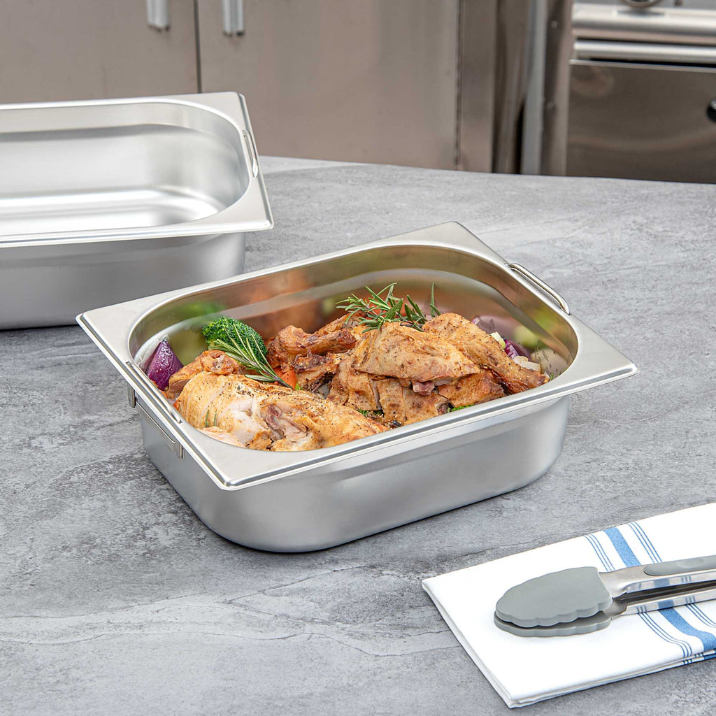 Met Lux Rectangle Stainless Steel 1/2 Size Steam Table Pan 4 Inch Deep - Anti Jam, Collapsible Handles - 1 count box