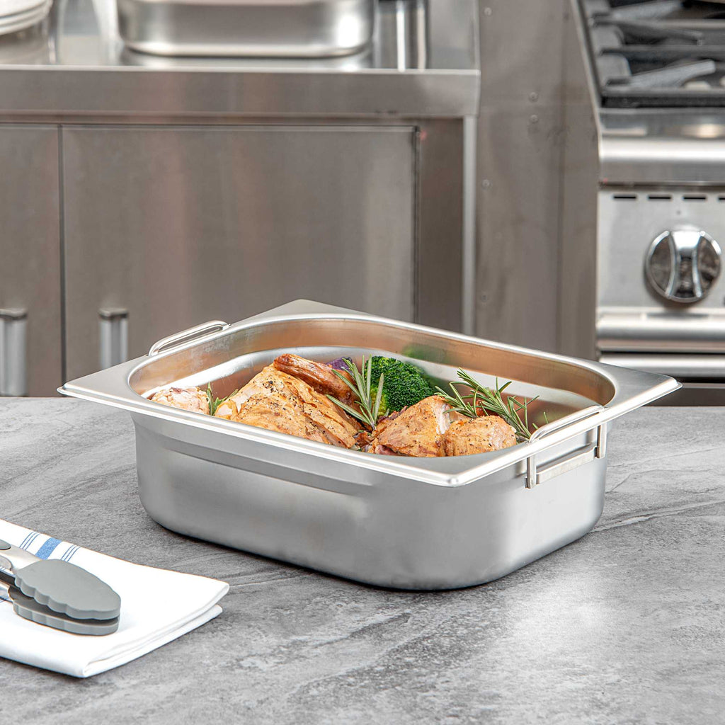 Met Lux Rectangle Stainless Steel 1/2 Size Steam Table Pan 4 Inch Deep - Anti Jam, Collapsible Handles - 1 count box